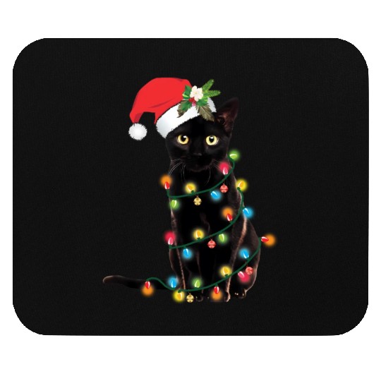 Black Cat Santa Tangled Up In Lights Mouse Pads