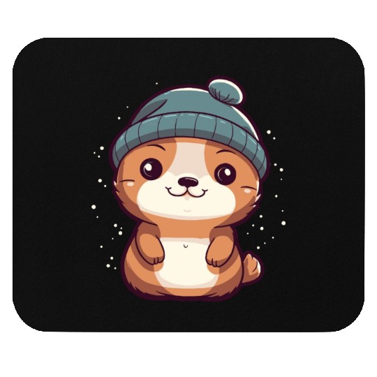 Cute Baby Otter with Winter Hat and Snowflakes Mouse Pads