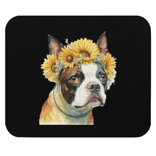 Cute Boston Terrier Sunflower Dog Breed Pet Puppy Mouse Pads