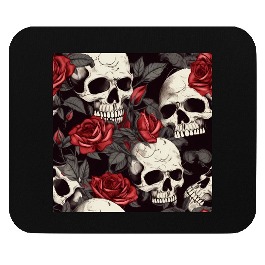 Dark Pattern Skulls & Red Roses Elegant Gothic Mouse Pads