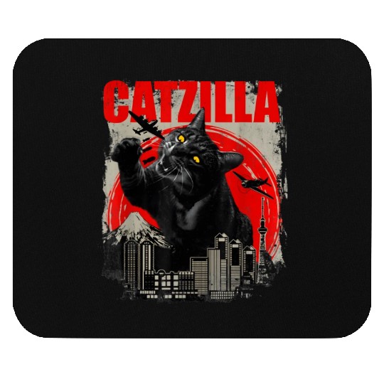 Catzilla Vintage Funny Cute Cat Art Japanese Sunse Mouse Pads
