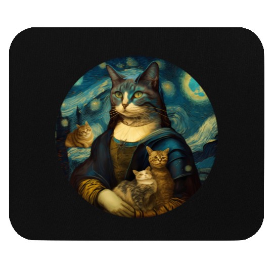 Mona Lisa With Cats Starry Night Van Gogh Painting Mouse Pads