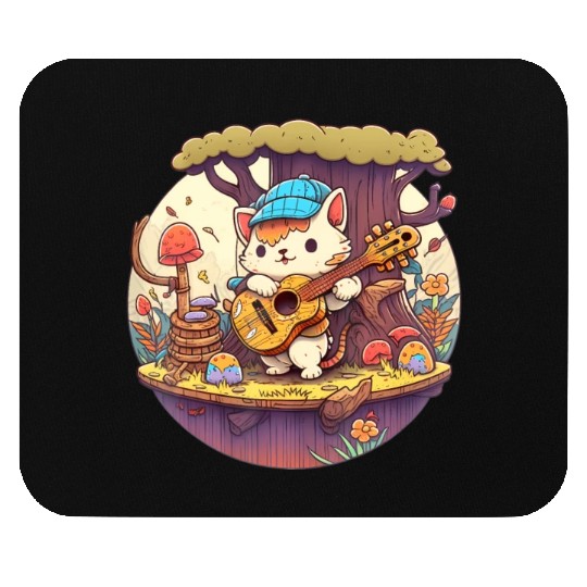 Cute Kawaii Cat Playing Guitar Banjo On Log Mouse Pads