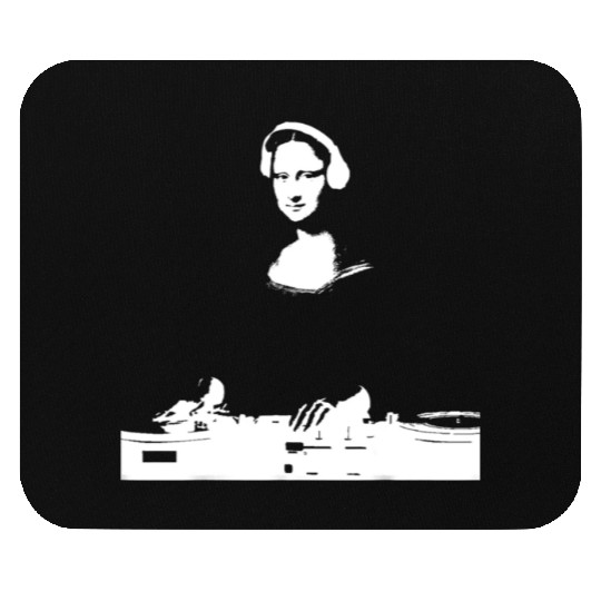 Dj Mona Lisa with Dj Headphone behind a dj table Mouse Pads
