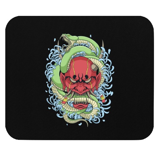 Japanese oni mask with peony flower and greem snak Mouse Pads