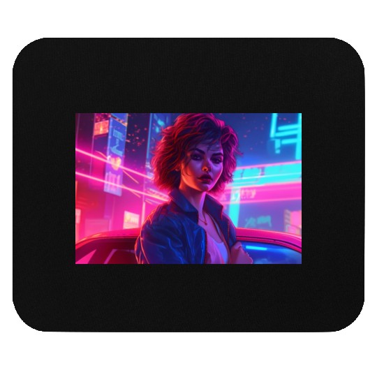 Synthwave Girl - Anime Portrait in Neon Colors Mouse Pads