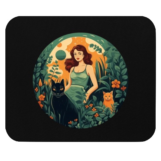 Woman in green dress with black cat and orange cat Mouse Pads