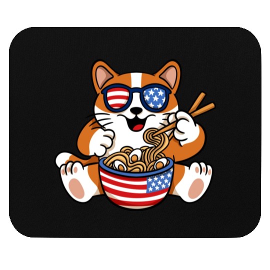 American Flag Cat Eating Ramen Food Lover Design Mouse Pads