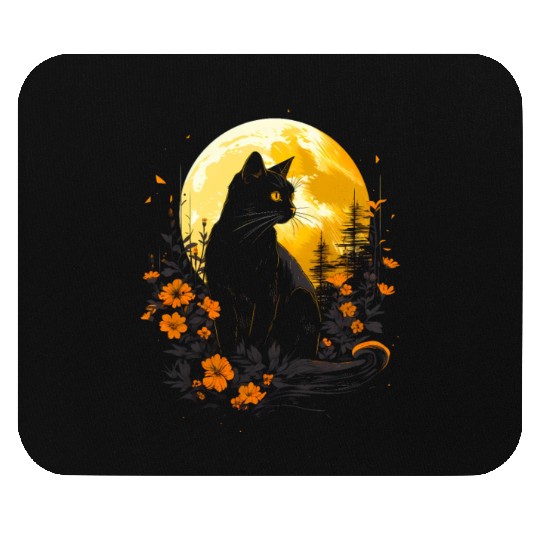 Black cat under the moon and Wild flowers Mouse Pads