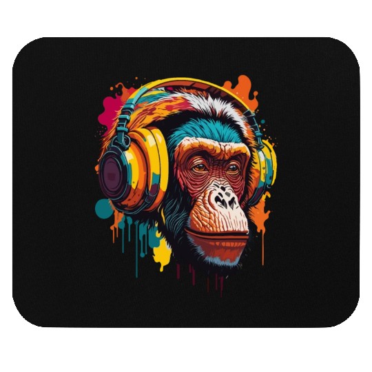 Chimpanzee Wearing Headphone Mouse Pads