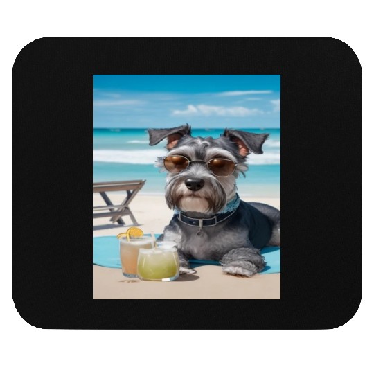 Schnauzer Chilling at the Beach with a Drink Mouse Pads