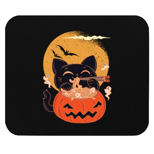 Kawaii Creepy Cat Eating Ramen Noodles Halloween Mouse Pads