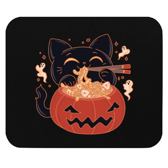 Kawaii Creepy black Cat Eating Ramen Noodles Mouse Pads