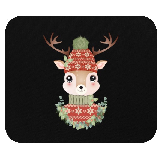 cute deer with sweater and Christmas wreath Mouse Pads
