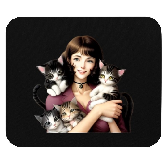 Pretty Cat Lady with Cute Kittens Mouse Pads