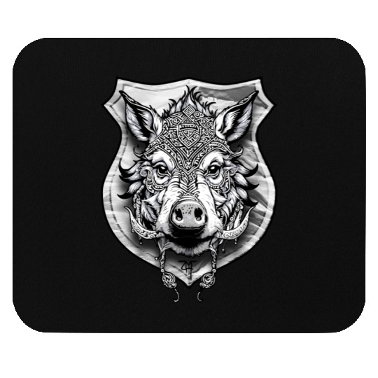 shield with wild boar head - DIGITAL - grayscale Mouse Pads