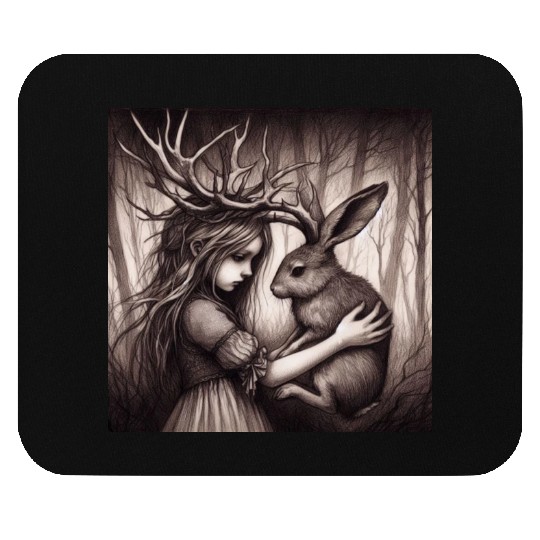 Illustration of Girl with Jackalope Mouse Pads