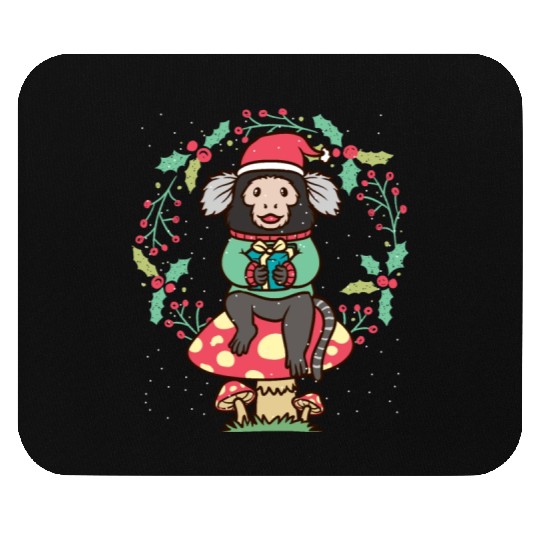 Marmoset Monkey On Mushroom Christmas Wreath Mouse Pads