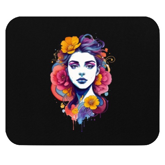 Stylish, bright art. Girl with flowers in her hair Mouse Pads