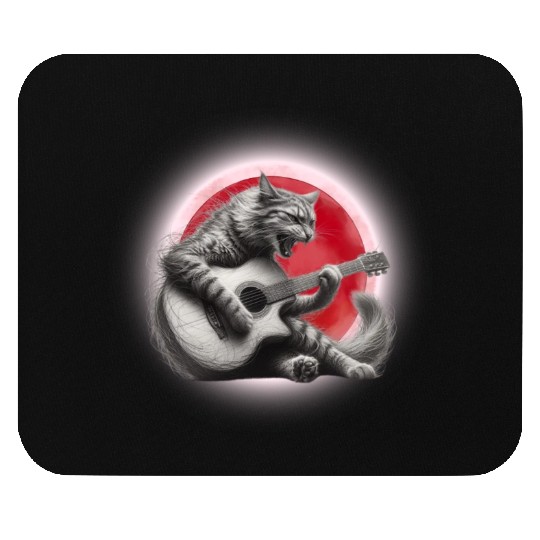 Rock Cat Playing Guitar Mouse Pads under the red moon