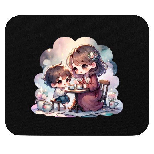 Mother and Son Enjoying a Cozy Tea Party Mouse Pads