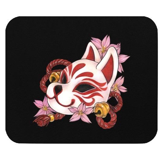 Great Kitsune Inari Kabuki mask with cherry blosso Mouse Pads