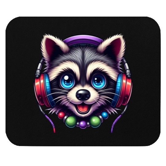 Colorful Raccoon Headphones Graphic Music Lover Mouse Pads
