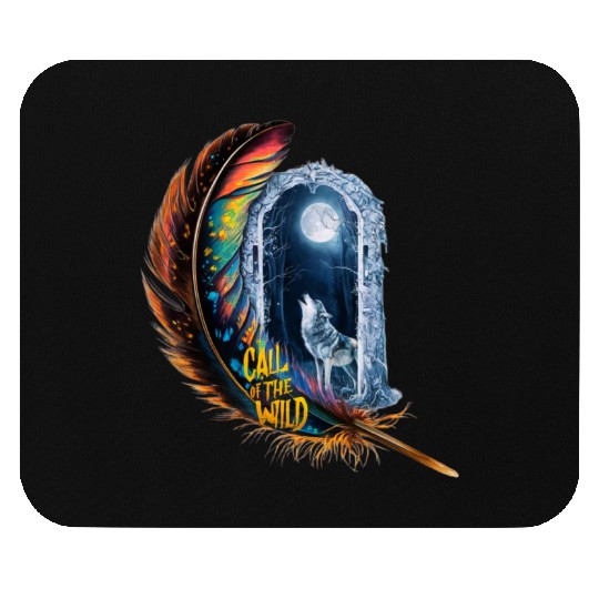 Glowing feather with wolf howling at the moon Mouse Pads
