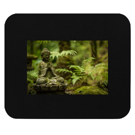 Zen Buddha Statue in Serene Forest Setting Mouse Pads