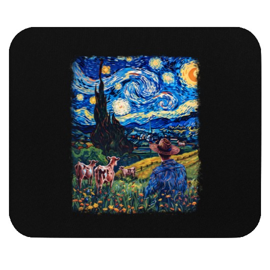 Cow Farmer Farming Farm Starry Night Painting Mouse Pads