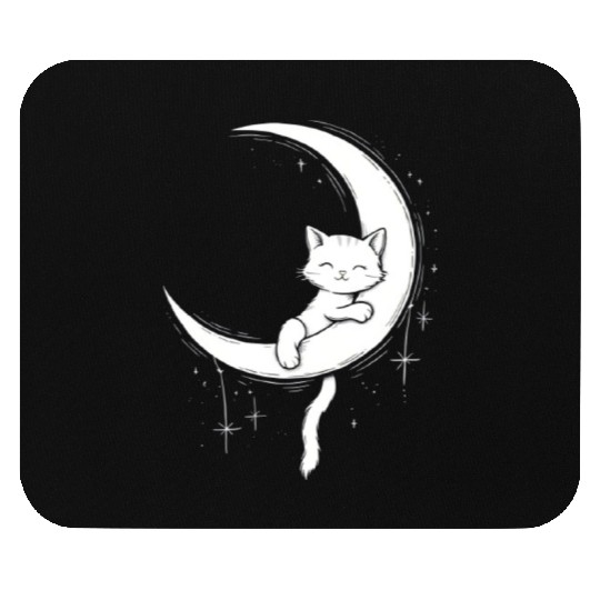 Whimsical Cat on Moon Silhouette Mouse Pads