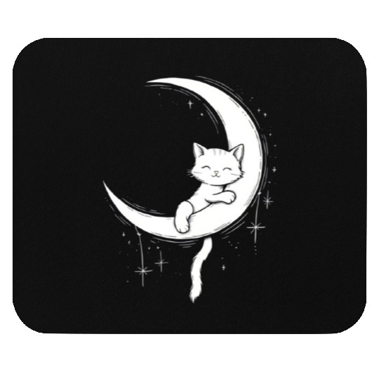 Whimsical Cat on Moon Silhouette Mouse Pads