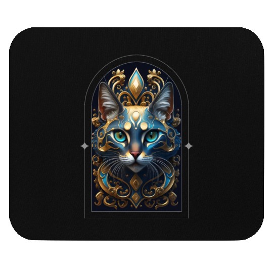 Elegant stylish blue and gold cat face Mouse Pads