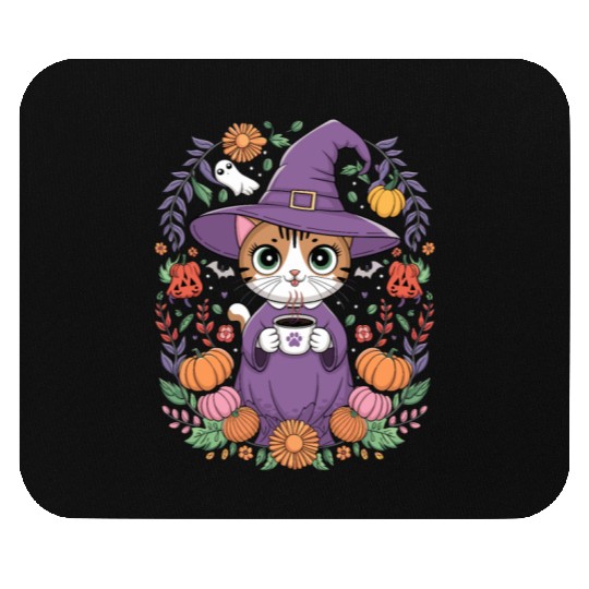 Halloween Cute Witch Cat with Coffee Mug Mouse Pads