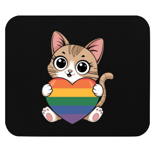 Cute Cat Holding Rainbow Heart LGTBQ Mouse Pads