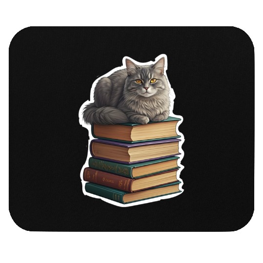 Grey Cat Loaf On Books Mouse Pads