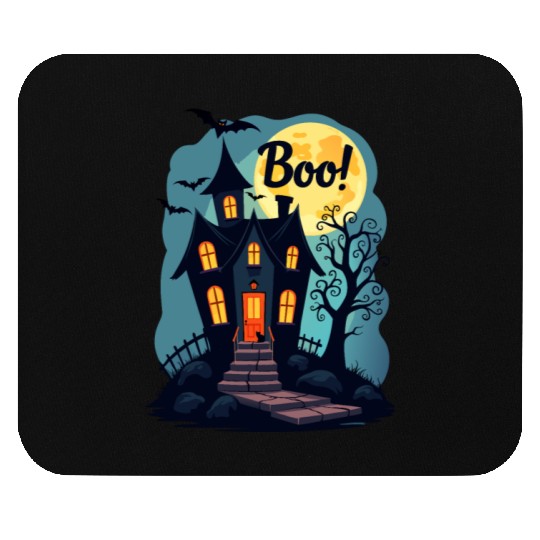 spooky haunted house with a black cat sitting Mouse Pads