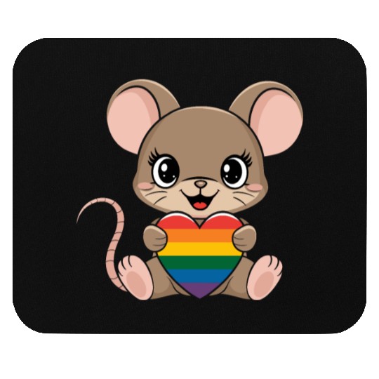 Cute Mouse Holding LGTBQ Rainbow Heart Mouse Pads