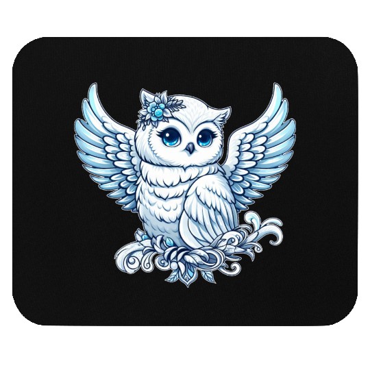 Cute snowy owl blue eyes angel wings cartoon Mouse Pads