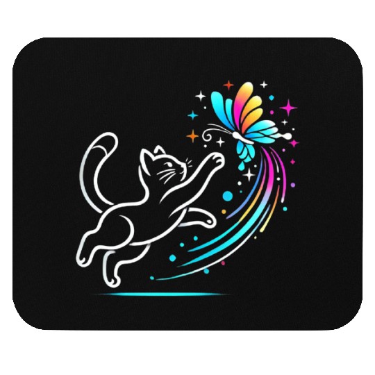 Whimsical Cat Chasing a Colorful Butterfly Mouse Pads