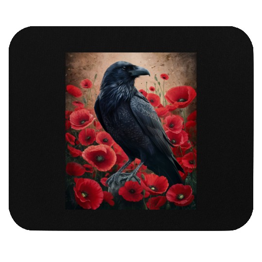 Raven Red Poppies Gothic Nature Art natural Mouse Pads