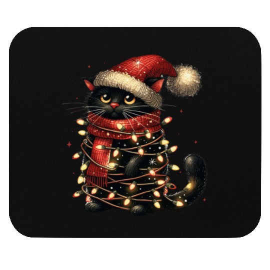Black Cat In Christmas Light, Cat Lights Mouse Pads