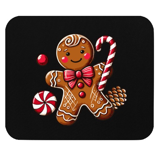 Happy gingerbread man with candy cane Mouse Pads