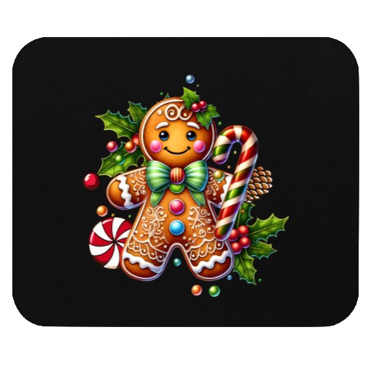 Happy gingerbread man with candy cane Mouse Pads