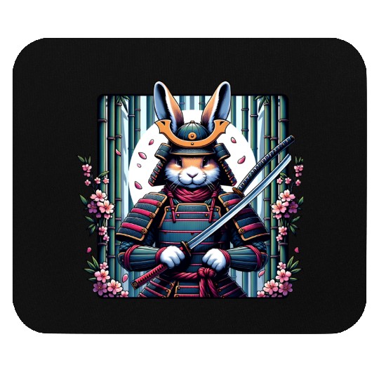 Samurai Rabbit with Katana and Cherry Blossoms Mouse Pads