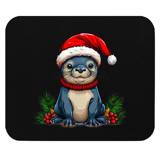 Festive Otter with Santa Hat Mouse Pads