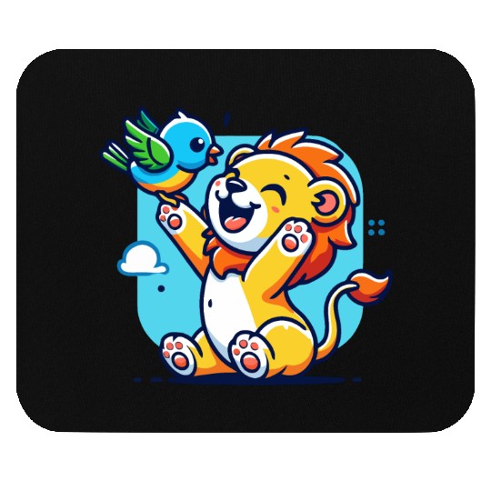 cute lion cub playing with a colorful bird Mouse Pads