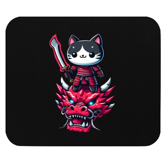 Samurai Cat with Sword on Dragon in Epic 3D Effect Mouse Pads