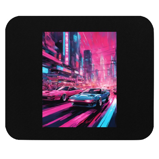 Street racers in downtown Tokyo Vaporwave Mouse Pads