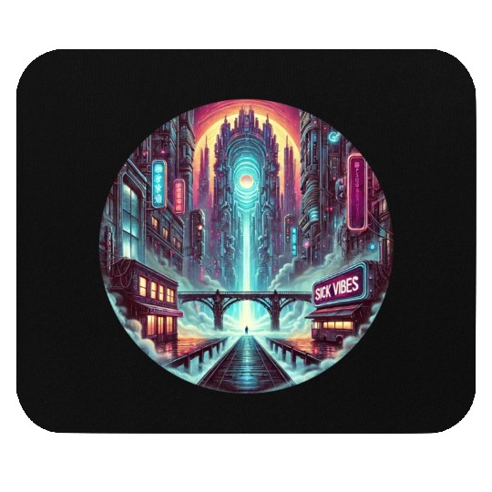 Cyberpunk Portal Cityscape - Futuristic Neon Sci-F Mouse Pads